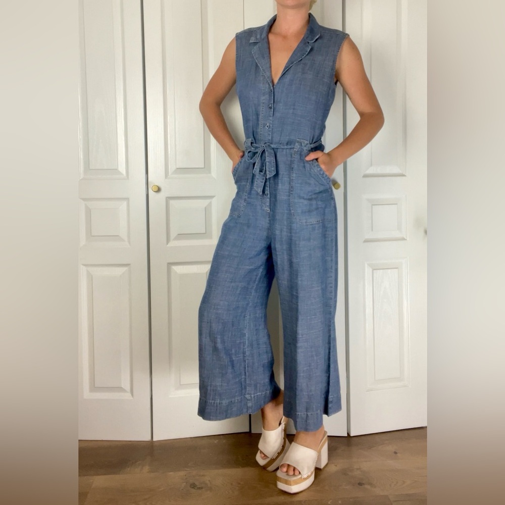 Level 99 Collared Sleeveless Wide Leg Linen Jumpsuit - Picture 1 of 9